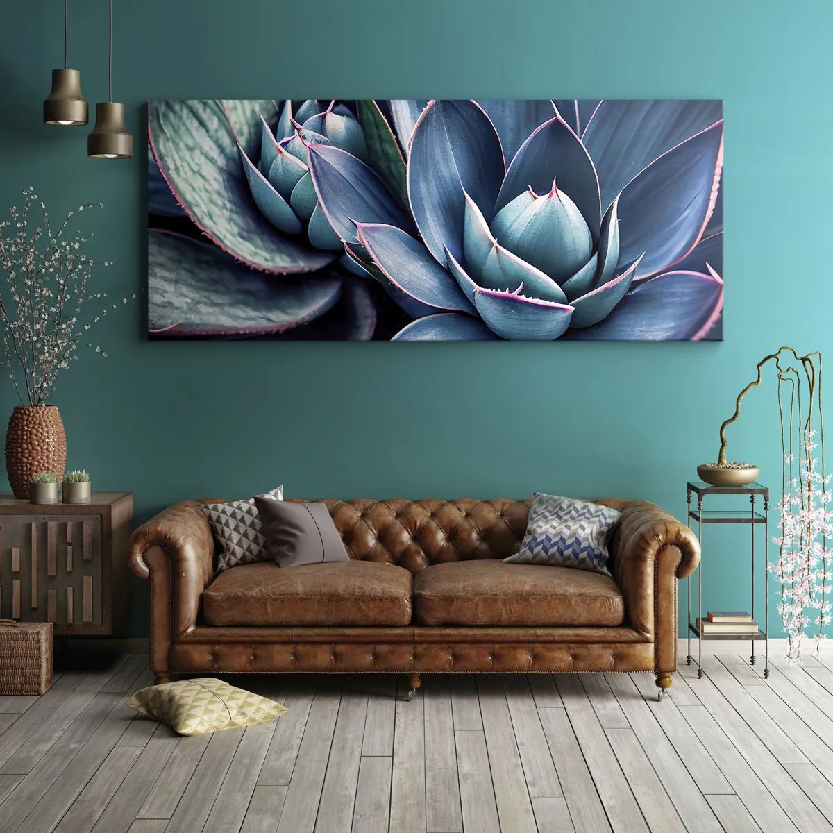 Cuadro sobre lienzo - Impresión de Imagen - Agave en tonos azules y verdes con acentos rosados. - 140x50cm - Fuerza vital - Decoración de pared moderna para salón y dormitorio ARTTOR