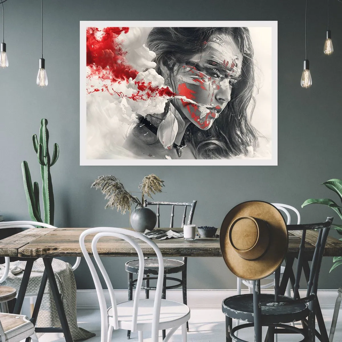 Póster - Retrato artístico de una mujer con acentos rojos abstractos. - 100x70cm - En los humos del absurdo - Decoración de pared moderna para salón y dormitorio ARTTOR