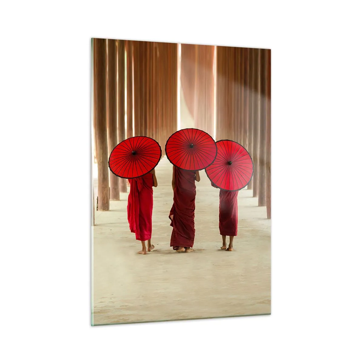 Cuadro sobre vidrio - Impresiones sobre Vidrio - Monjes con paraguas rojos caminando por un pasillo de madera - 50x70cm - En el camino a la Tierra Pura - Decoración de pared moderna para salón y dormitorio ARTTOR