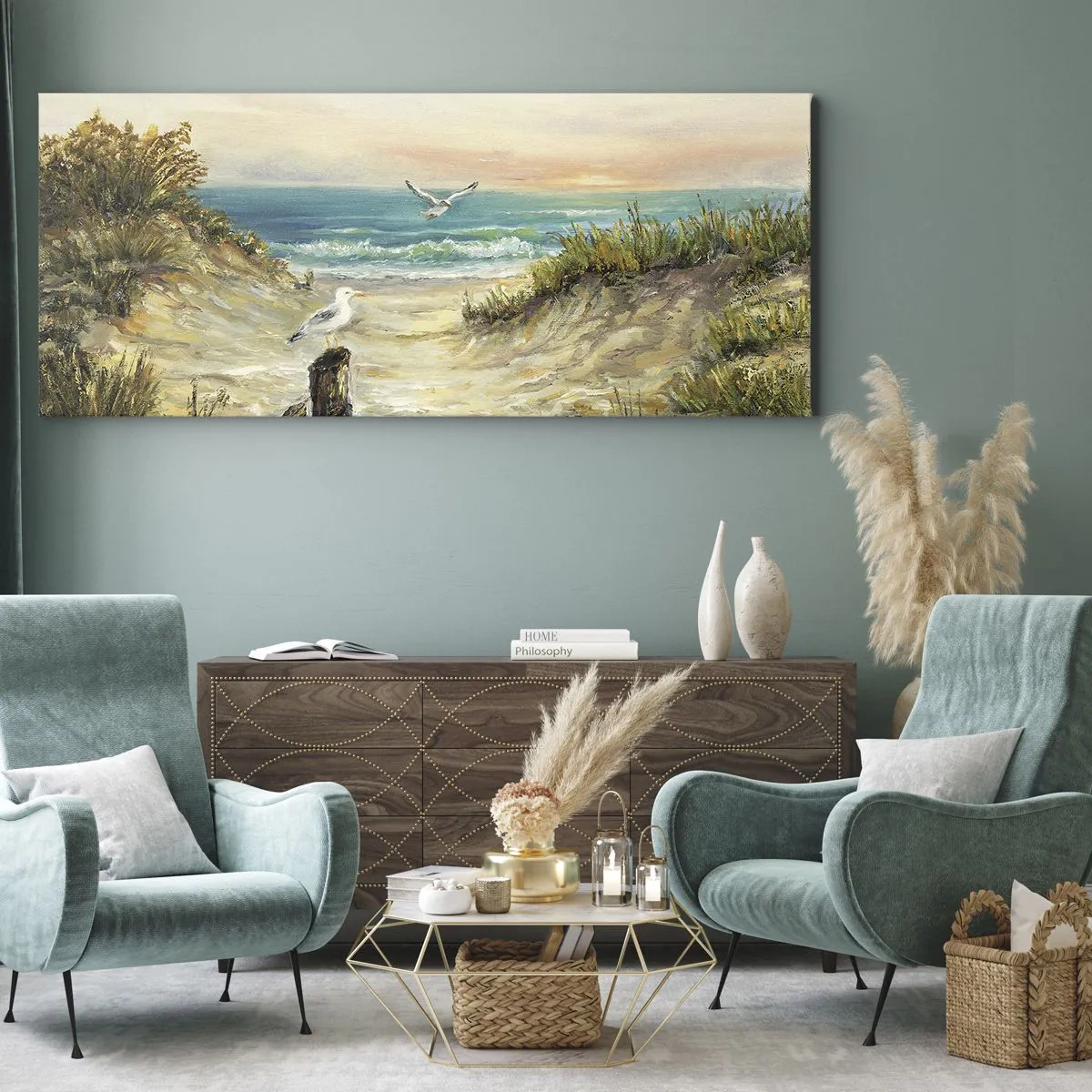 Cuadro sobre lienzo - Impresión de Imagen - Costa con gaviotas y dunas al atardecer - 160x50cm - Un retiro ventoso - Decoración de pared moderna para salón y dormitorio ARTTOR