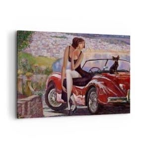 Cuadro sobre lienzo - Impresión de Imagen - Una mujer junto a un coche rojo con un pueblo al fondo - 100x70cm - Paseo veraniego - Decoración de pared moderna para salón y dormitorio ARTTOR