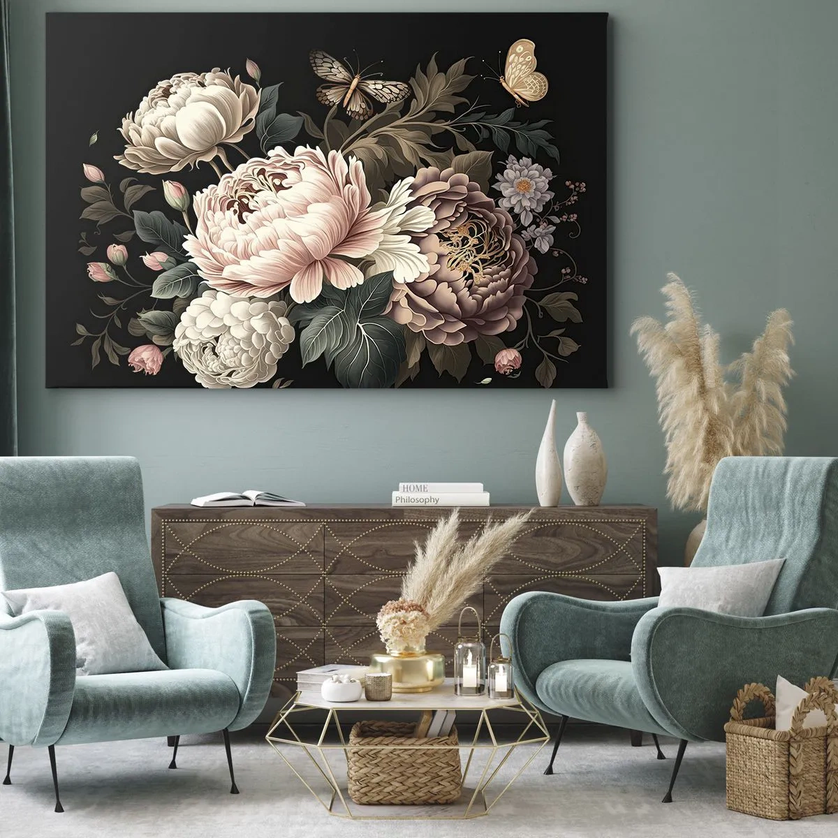 Cuadro sobre lienzo - Impresión de Imagen - Un ramo de flores rosas y mariposas sobre un fondo negro. - 120x80cm - En estilo barroco - Decoración de pared moderna para salón y dormitorio ARTTOR