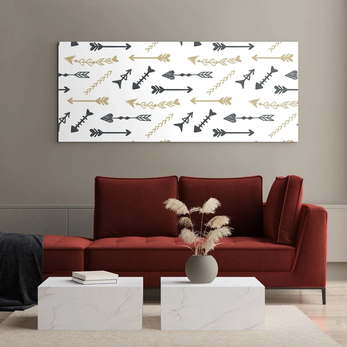 Cuadro sobre vidrio - Impresiones sobre Vidrio - Un patrón minimalista con flechas en colores beige y gris. - 160x50cm - El sueño de un arquero - Decoración de pared moderna para salón y dormitorio ARTTOR