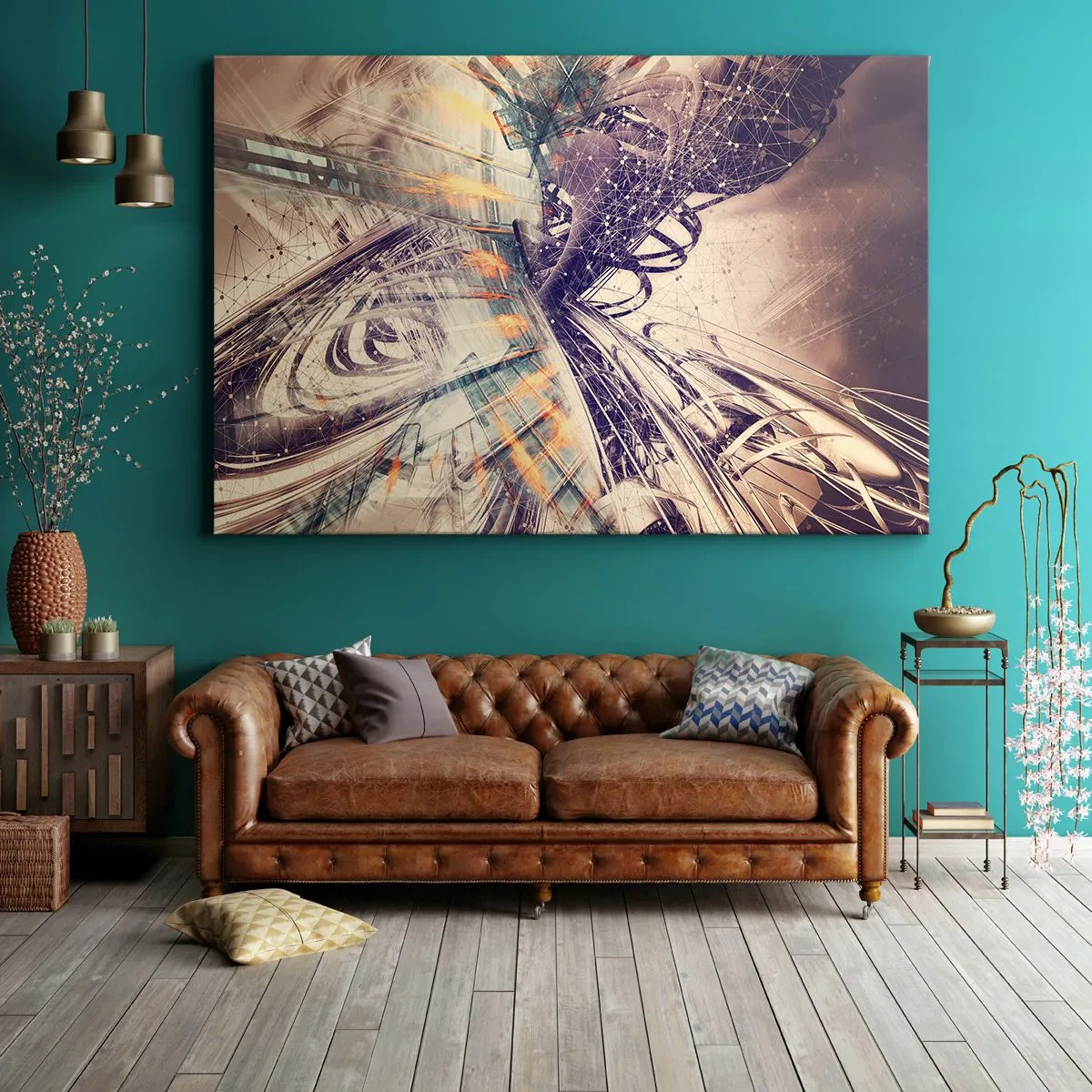 Cuadro sobre lienzo - Impresión de Imagen - Abstracción dinámica en tonos beige y morado. - 70x50cm - Con mucha prisa - Decoración de pared moderna para salón y dormitorio ARTTOR