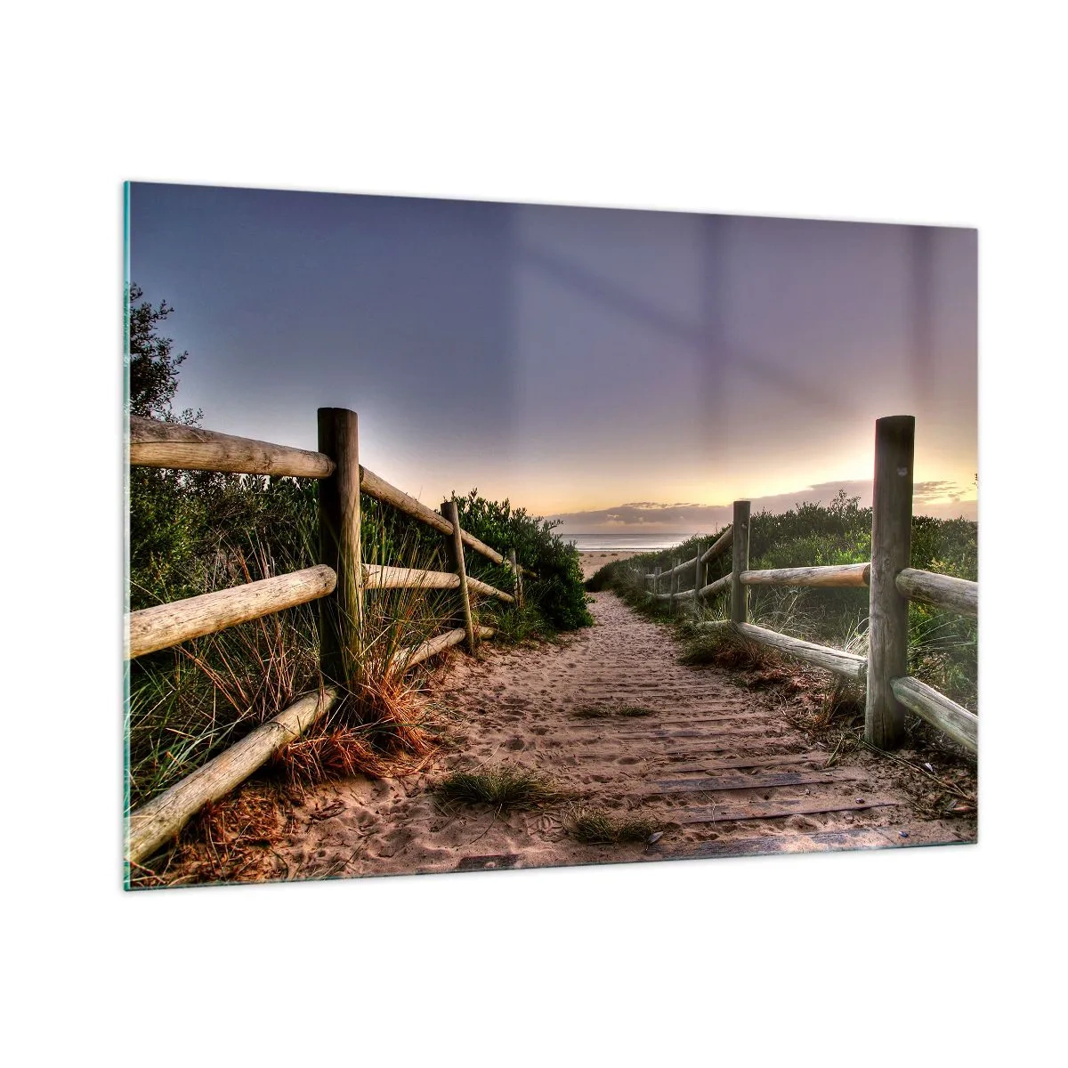 Cuadro sobre vidrio - Impresiones sobre Vidrio - Camino a la playa al atardecer - 100x70cm - Objetivo a la vista - Decoración de pared moderna para salón y dormitorio ARTTOR