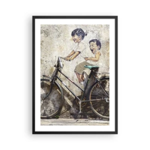 Póster en marco negro - Un mural de arte callejero de niños en bicicleta. - 50x70cm - ¿Verdadero o falso? - Decoración de pared moderna para salón y dormitorio ARTTOR