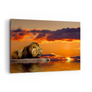 Cuadro sobre lienzo - Impresión de Imagen - Un león descansa junto al agua al atardecer con un cielo dramático. - 100x70cm - Rey de la naturaleza - Decoración de pared moderna para salón y dormitorio ARTTOR