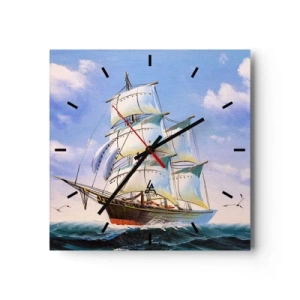 Reloj de pared - Reloj de vidrio - Un velero en mar abierto bajo un cielo azul. - 30x30cm - Orgulloso con el viento - Decoración de pared moderna para salón y dormitorio ARTTOR