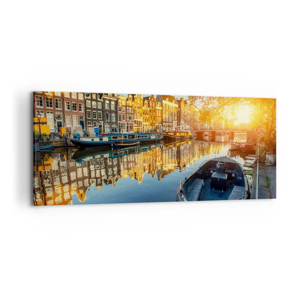 Cuadro sobre lienzo - Impresión de Imagen - Canal de Ámsterdam al atardecer - 120x50cm - Mañana en Ámsterdam - Decoración de pared moderna para salón y dormitorio ARTTOR