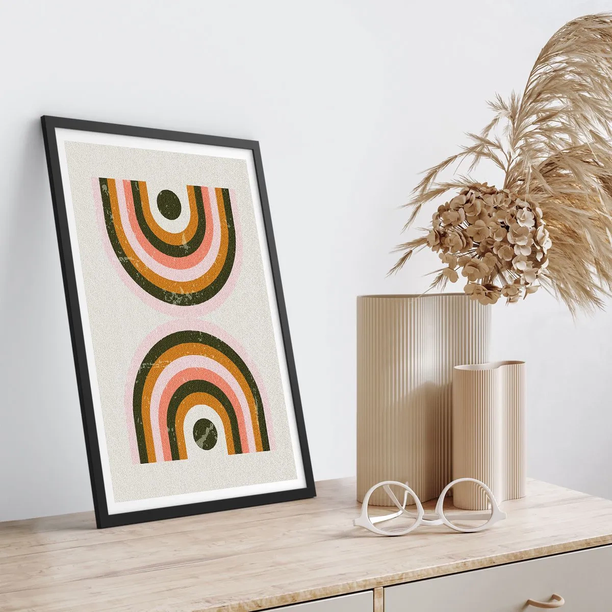 Póster en marco negro - Composición geométrica en estilo retro - 50x70cm - Abstracción gemela - Decoración de pared moderna para salón y dormitorio ARTTOR