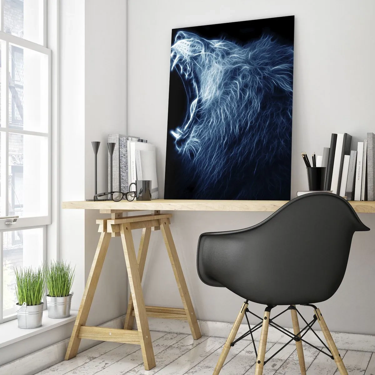 Cuadro sobre vidrio - Impresiones sobre Vidrio - Una llamativa representación de neón de un león rugiente sobre un fondo negro. - 50x70cm - La furia del rey - Decoración de pared moderna para salón y dormitorio ARTTOR