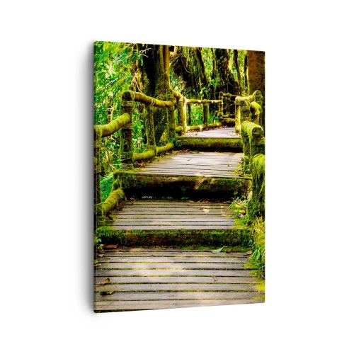 Cuadro sobre lienzo - Impresión de Imagen - Un puente de madera cubierto de musgo en una selva tropical. - 50x70cm - A través de un corredor verde - Decoración de pared moderna para salón y dormitorio ARTTOR