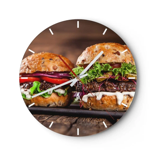 Reloj de pared - Reloj de vidrio - Deliciosas hamburguesas sobre un fondo de madera - 30x30cm - El sueño americano - Decoración de pared moderna para salón, cocina y dormitorio ARTTOR