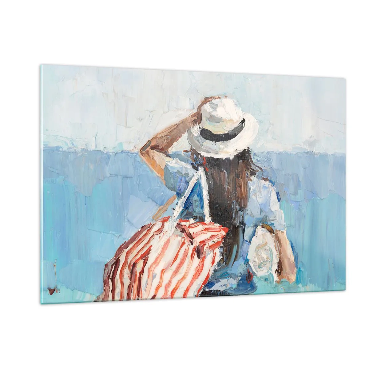 Cuadro sobre vidrio - Impresiones sobre Vidrio - Una mujer con un bolso de rayas mirando al mar en un día soleado. - 120x80cm - Bienvenida a tus vacaciones - Decoración de pared moderna para salón y dormitorio ARTTOR