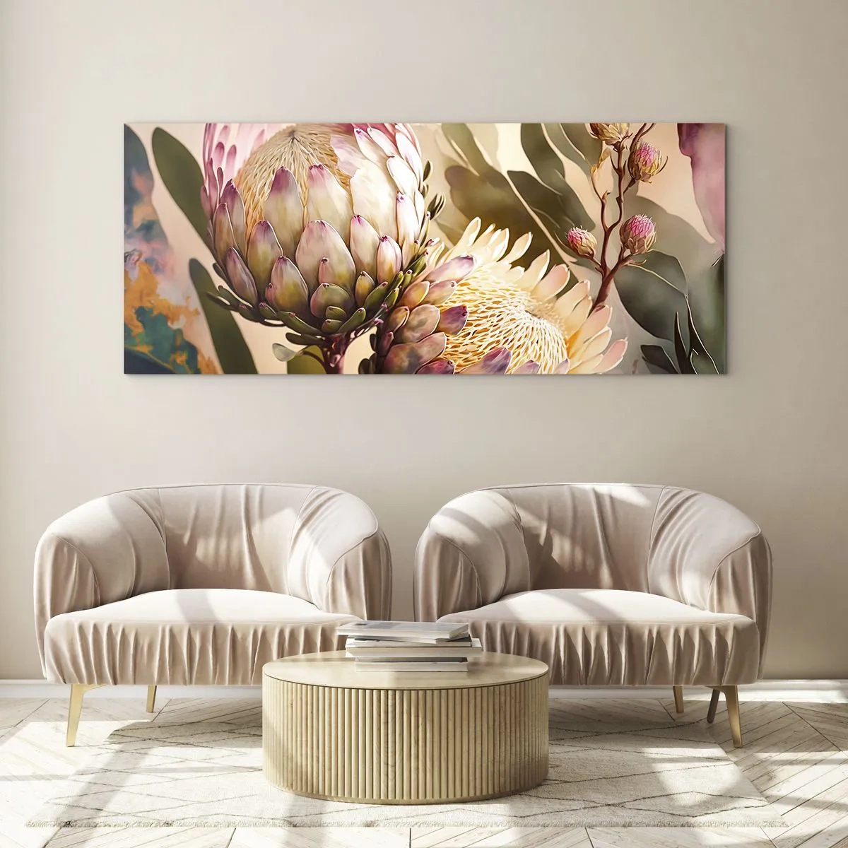 Cuadro sobre vidrio - Impresiones sobre Vidrio - Flores de protea coloridas sobre un fondo delicado. - 160x50cm - Abrazados con ternura - Decoración de pared moderna para salón y dormitorio ARTTOR