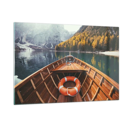Cuadro sobre vidrio - Impresiones sobre Vidrio - Vista desde un barco de madera de un lago de montaña y un bosque otoñal. - 120x80cm - Viaje a la montaña - Decoración de pared moderna para salón y dormitorio ARTTOR