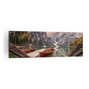 Cuadro sobre lienzo - Impresión de Imagen - Lago de montaña con barcos al atardecer - 160x50cm - Espejo entre montañas - Decoración de pared moderna para salón y dormitorio ARTTOR