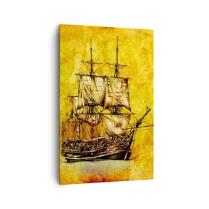 Cuadro sobre lienzo - Impresión de Imagen - Un dibujo estilizado de un velero sobre un fondo dorado con un toque vintage. - 80x120cm - ¡Rumbo a la isla Tortuga! - Decoración de pared moderna para salón y dormitorio ARTTOR