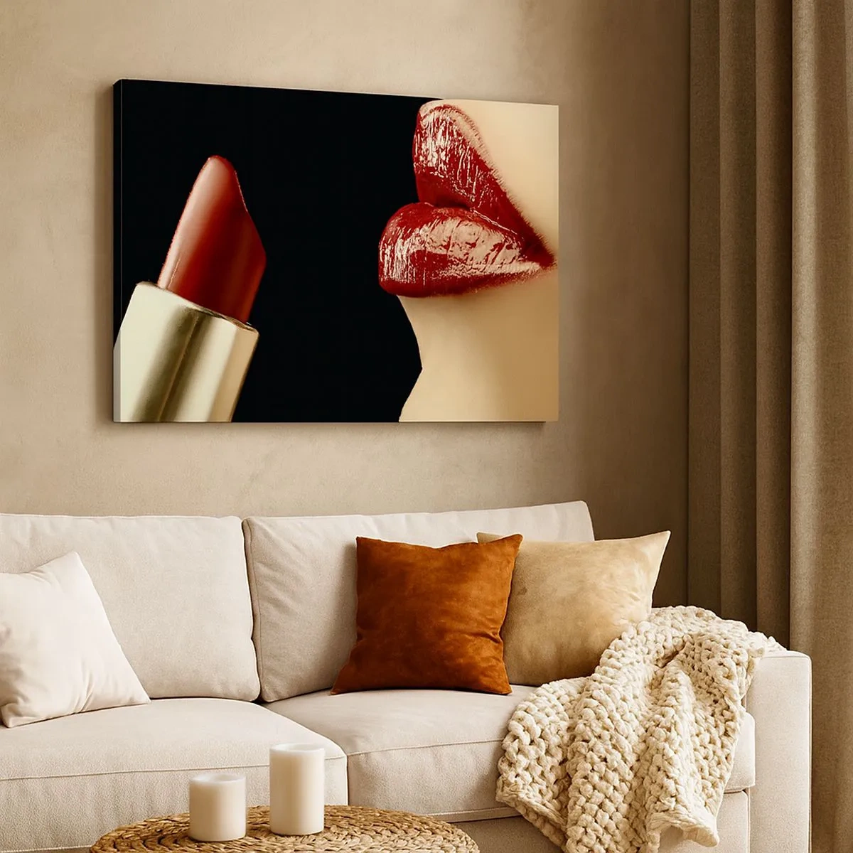 Cuadro sobre lienzo - Impresión de Imagen - Labios rojos y lápiz labial sobre un fondo negro. - 70x50cm - Sensualidad y brillo del carmín - Decoración de pared moderna para salón y dormitorio ARTTOR
