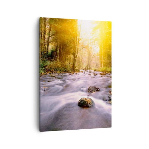 Cuadro sobre lienzo - Impresión de Imagen - Un arroyo forestal iluminado por los rayos del sol. - 50x70cm - Malaquita en un marco de plata y oro - Decoración de pared moderna para salón y dormitorio ARTTOR