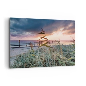 Cuadro sobre lienzo - Impresión de Imagen - Playa al atardecer con hierbas en primer plano - 100x70cm - Bailando con el viento - Decoración de pared moderna para salón y dormitorio ARTTOR