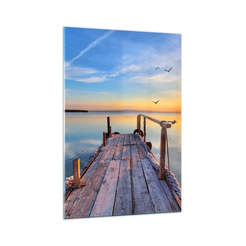 Cuadro sobre vidrio - Impresiones sobre Vidrio - Muelle de madera al atardecer en un lago tranquilo - 70x100cm - Caminando hacia el sol - Decoración de pared moderna para salón y dormitorio ARTTOR