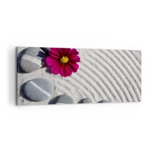 Cuadro sobre lienzo - Impresión de Imagen - Piedras y una flor rosa sobre la arena en estilo zen. - 120x50cm - Energía y paz del círculo mágico de la naturaleza - Decoración de pared moderna para salón y dormitorio ARTTOR