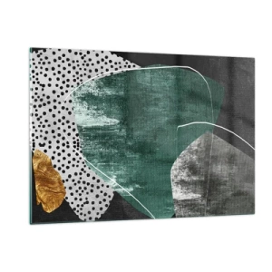 Cuadro sobre vidrio - Impresiones sobre Vidrio - Formas verdes con fondo negro y acento dorado. - 120x80cm - Abstracción colorista con un copo de oro - Decoración de pared moderna para salón y dormitorio ARTTOR
