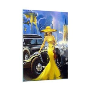 Cuadro sobre vidrio - Impresiones sobre Vidrio - Una mujer con un vestido amarillo junto a un coche clásico. - 50x70cm - Noche de violín y pasión - Decoración de pared moderna para salón y dormitorio ARTTOR