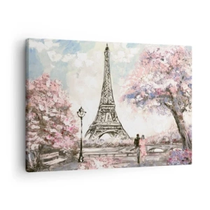 Cuadro sobre lienzo - Impresión de Imagen - La Torre Eiffel rodeada de árboles en flor. - 70x50cm - Un paseo por París en abril - Decoración de pared moderna para salón y dormitorio ARTTOR