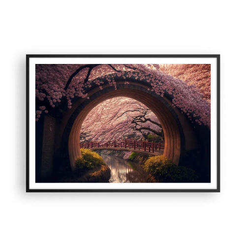 Póster en marco negro - Un puente tradicional japonés rodeado de flores de cerezo. - 100x70cm - Primavera japonesa - Decoración de pared moderna para salón y dormitorio ARTTOR