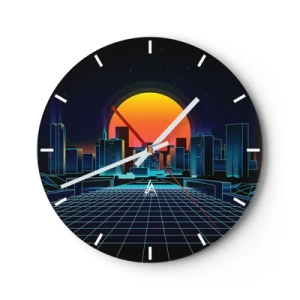 Reloj de pared - Reloj de vidrio - Paisaje urbano retrofuturista con luces de neón y puesta de sol. - 30x30cm - ¿Todavía deseas volver a la realidad? - Decoración de pared moderna para salón, cocina y dormitorio ARTTOR