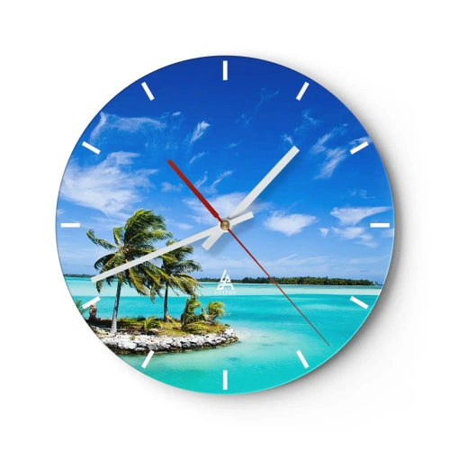 Reloj de pared - Reloj de vidrio - Una isla tropical con palmeras con el telón de fondo de una laguna azul. - 30x30cm - El paraíso en la Tierra - Decoración de pared moderna para salón, cocina y dormitorio ARTTOR