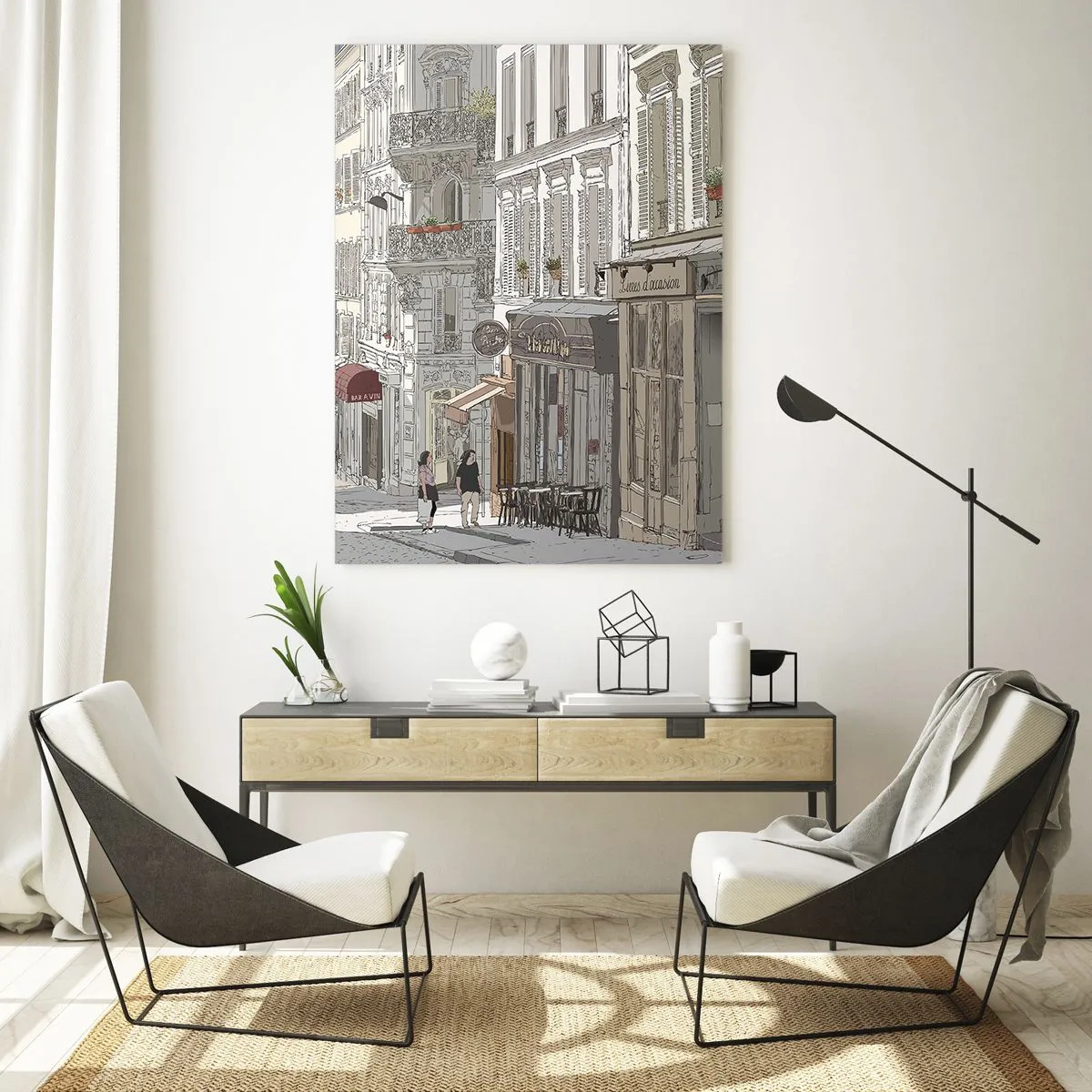 Cuadro sobre vidrio - Impresiones sobre Vidrio - Una calle con cafés de estilo urbano artístico. - 50x70cm - Alegrías urbanas - Decoración de pared moderna para salón y dormitorio ARTTOR