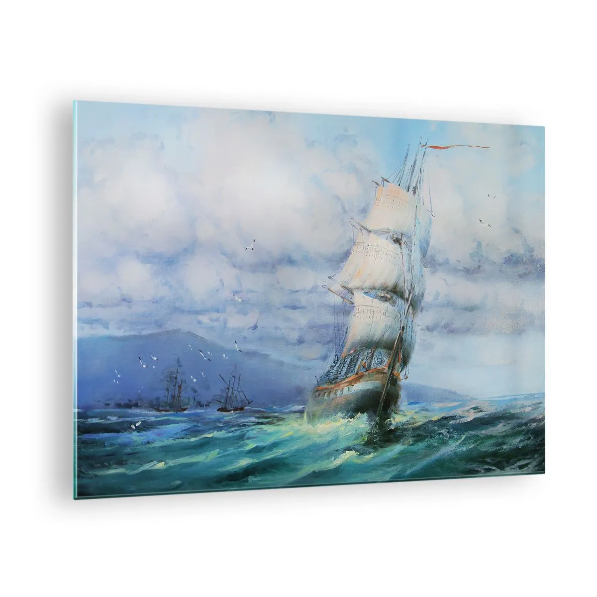 Cuadro sobre vidrio - Impresiones sobre Vidrio - Un barco con velas navegando en un mar tempestuoso bajo un cielo nublado. - 70x50cm - Viento en popa - Decoración de pared moderna para salón y dormitorio ARTTOR