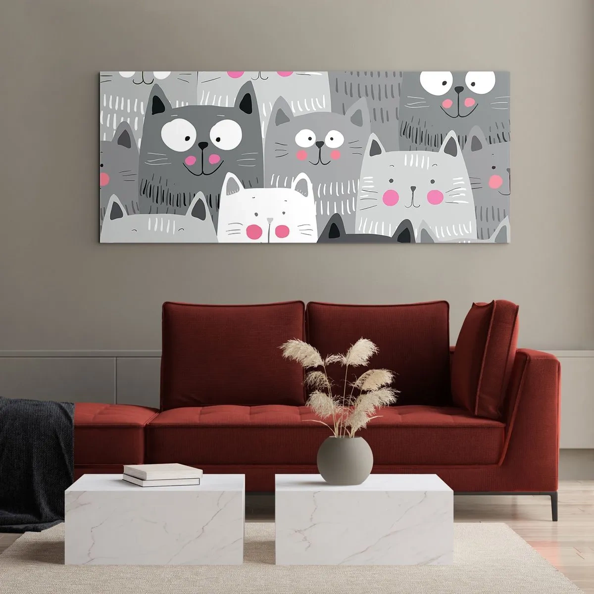 Cuadro sobre vidrio - Impresiones sobre Vidrio - Un patrón divertido con gatos en tonos grises. - 120x50cm - El mundo de los gatos - Decoración de pared moderna para salón y dormitorio ARTTOR