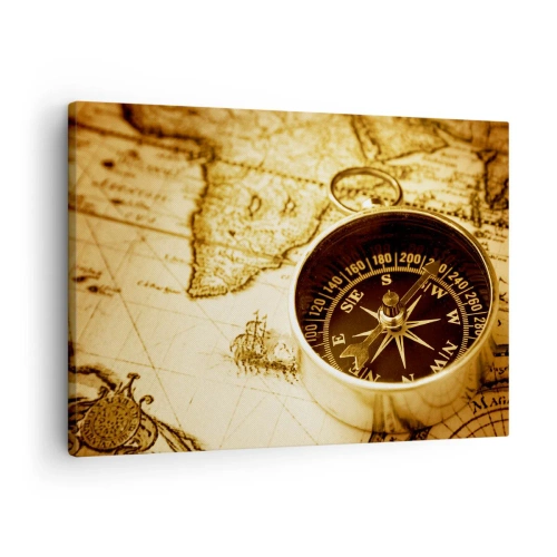 Cuadro sobre lienzo - Impresión de Imagen - Una brújula antigua sobre el fondo de un mapa del viejo mundo. - 70x50cm - ¿Este u Oeste? - Decoración de pared moderna para salón y dormitorio ARTTOR