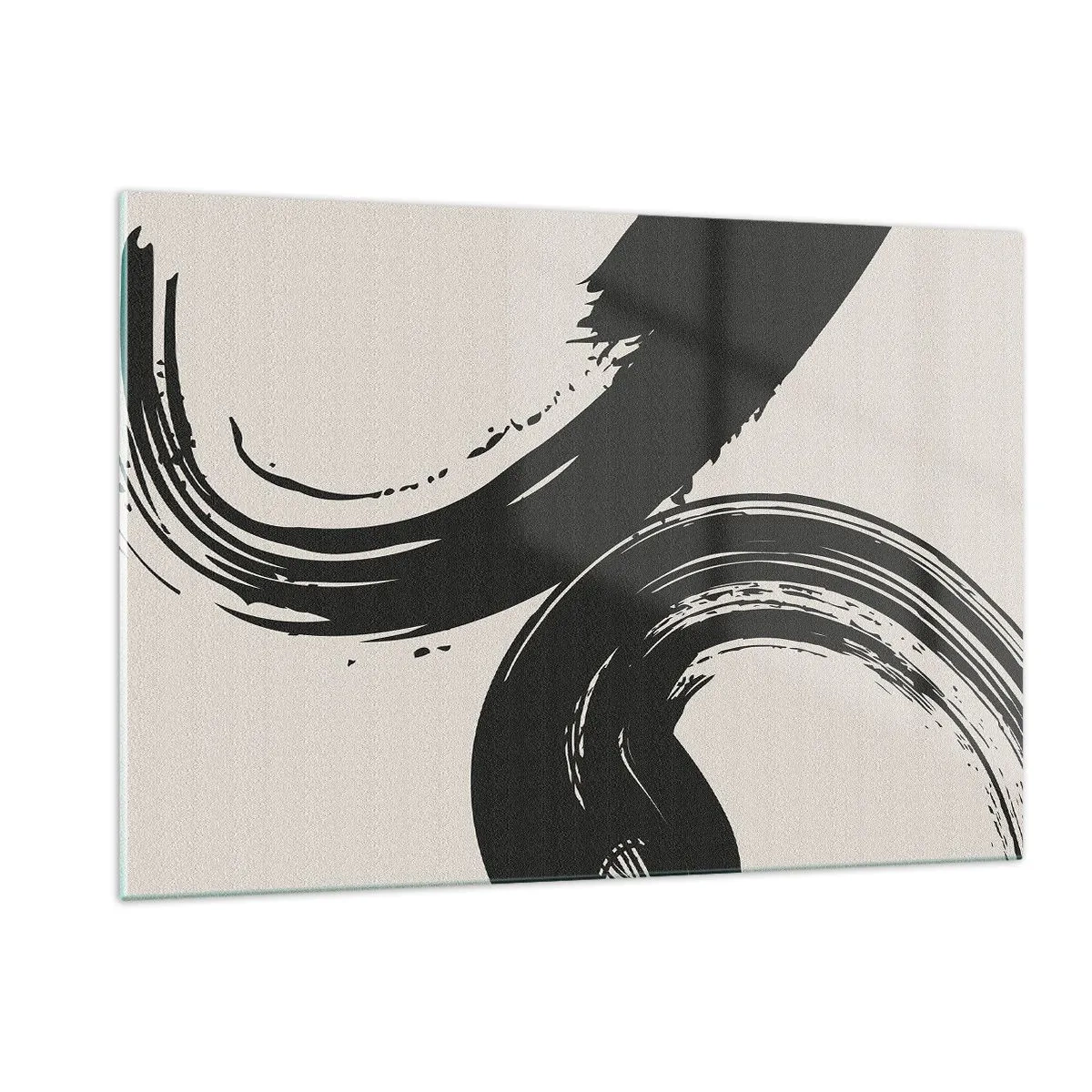 Cuadro sobre vidrio - Impresiones sobre Vidrio - Pinceladas caligráficas negras y dinámicas sobre un fondo claro. - 120x80cm - Barrido y circular - Decoración de pared moderna para salón y dormitorio ARTTOR