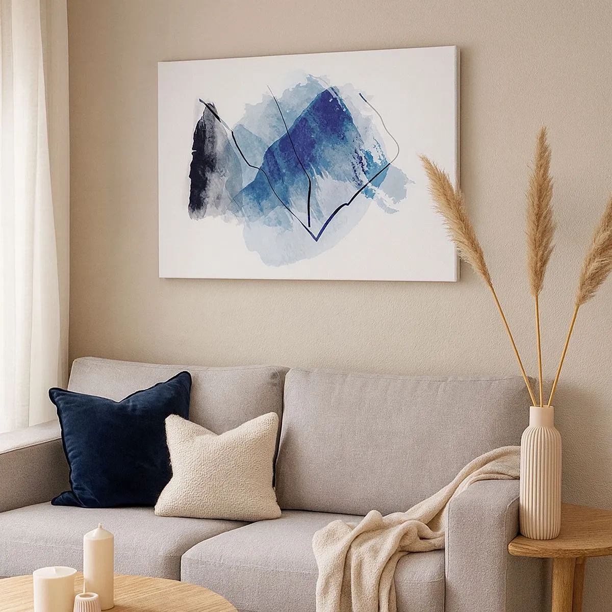 Cuadro sobre lienzo - Impresión de Imagen - Formas abstractas en tonos azules con líneas delicadas. - 70x50cm - Montaña helada - Decoración de pared moderna para salón y dormitorio ARTTOR