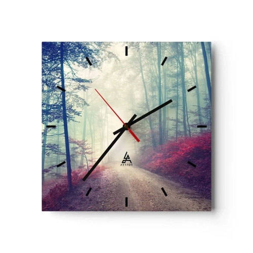 Reloj de pared - Reloj de vidrio - Un sendero forestal mágico rodeado de árboles y niebla. - 30x30cm - Qué bueno es levantarse al amanecer - Decoración de pared moderna para salón y dormitorio ARTTOR