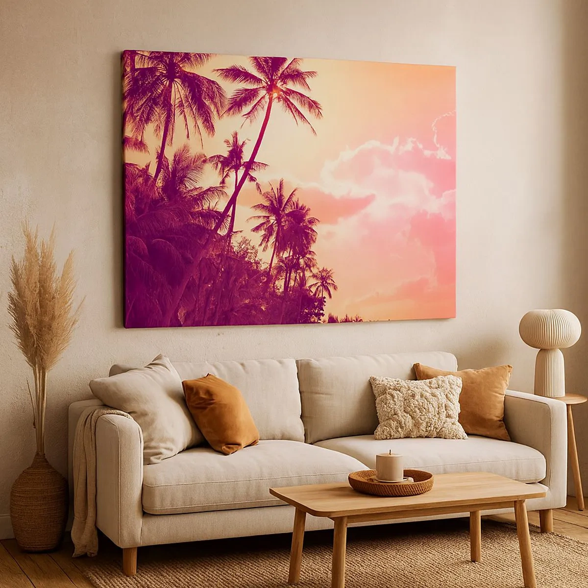 Cuadro sobre lienzo - Impresión de Imagen - Palmeras iluminadas por el sol poniente en un cielo tropical - 70x50cm - Debes elegir - Decoración de pared moderna para salón y dormitorio ARTTOR