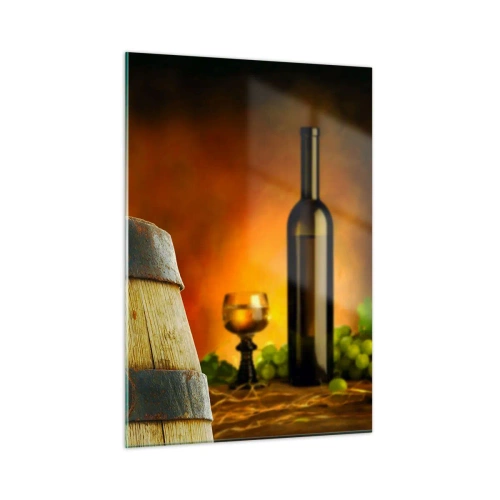 Cuadro sobre vidrio - Impresiones sobre Vidrio - Uvas en un barril en un entorno rústico con vino de fondo. - 50x70cm - Bodegón con botella de vino y racimo de uvas - Decoración de pared moderna para salón y dormitorio ARTTOR