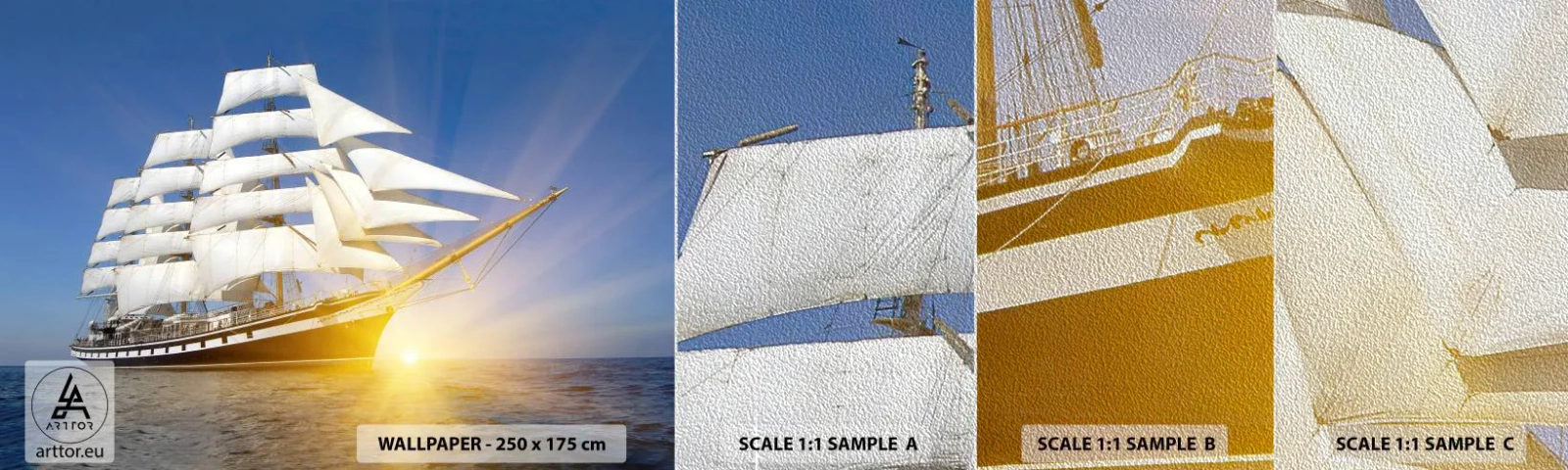 Muestra de fotomural Premium Sand - Su tiempo nunca pasará - Mar, Velero, Barco - 100x30 cm