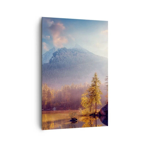 Cuadro sobre lienzo - Impresión de Imagen - Vista pintoresca del bosque de montaña y el lago al amanecer. - 80x120cm - Entre las montañas y los valles - Decoración de pared moderna para salón y dormitorio ARTTOR