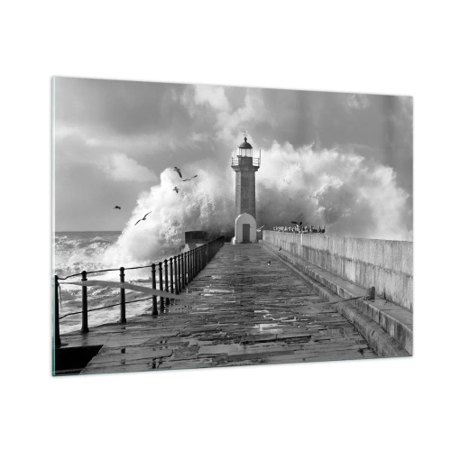 Cuadro sobre vidrio - Impresiones sobre Vidrio - Una fotografía en blanco y negro de un faro en medio de las olas rompientes. - 100x70cm - Audaz - Decoración de pared moderna para salón y dormitorio ARTTOR