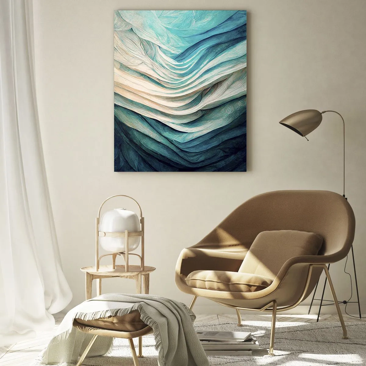 Cuadro sobre vidrio - Impresiones sobre Vidrio - Ondas abstractas en tonos azules y beige - 50x70cm - Azul insaciable - Decoración de pared moderna para salón y dormitorio ARTTOR