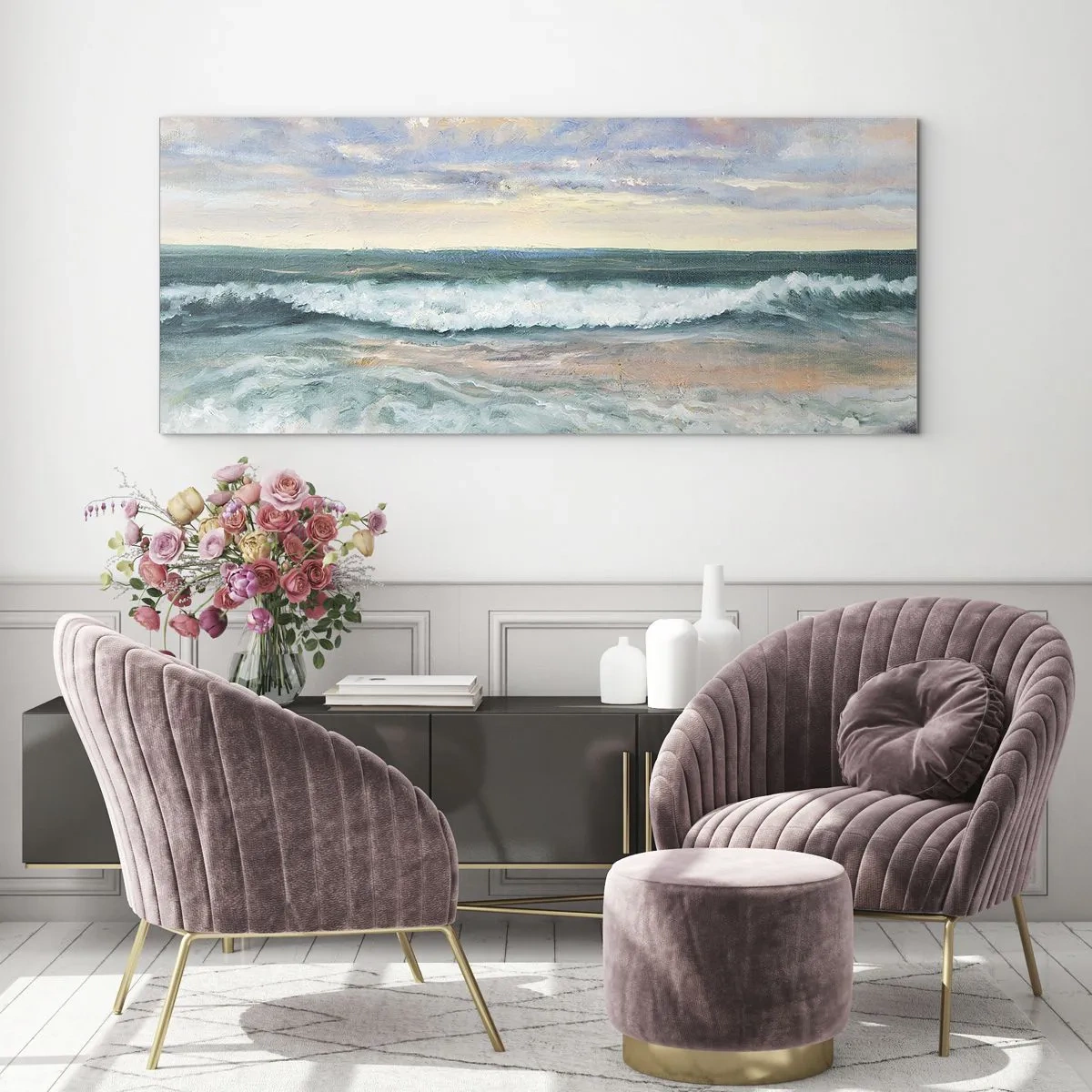 Cuadro sobre vidrio - Impresiones sobre Vidrio - Olas del mar contra un cielo nublado al atardecer - 160x50cm - Aquí suavizarás tu alma - Decoración de pared moderna para salón y dormitorio ARTTOR