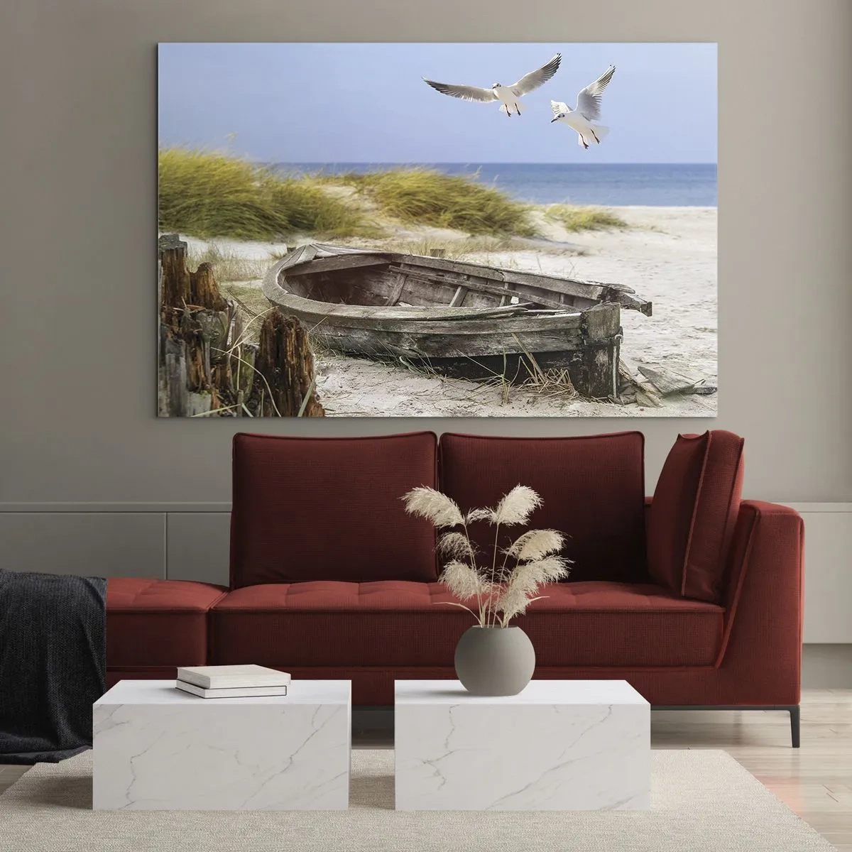 Cuadro sobre vidrio - Impresiones sobre Vidrio - Barco de madera en la playa con gaviotas en vuelo - 70x50cm - Bañada por el viento - Decoración de pared moderna para salón y dormitorio ARTTOR