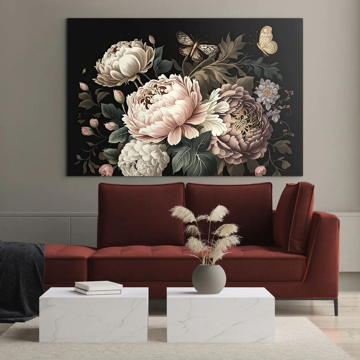 Cuadro sobre vidrio - Impresiones sobre Vidrio - Composición floral con mariposas sobre fondo negro. - 120x80cm - En estilo barroco - Decoración de pared moderna para salón y dormitorio ARTTOR
