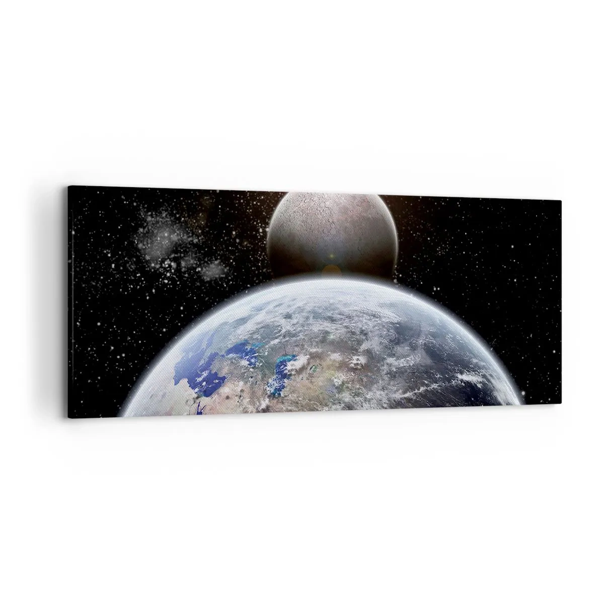 Cuadro sobre lienzo - Impresión de Imagen - El planeta Tierra y la Luna con el espacio exterior estrellado como telón de fondo. - 120x50cm - Paisaje cósmico - amanecer - Decoración de pared moderna para salón y dormitorio ARTTOR